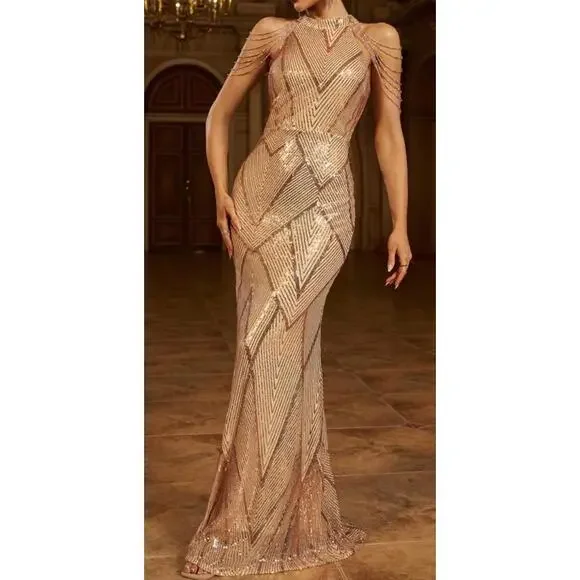 Dresses | Gold Sequin Womens Maxi Dress With Chain Detail Size 6 | Poshmark